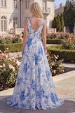 White Blue Flower V-Neck A Line Long Prom Dress