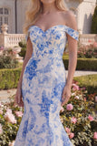 White Blue Flower Mermaid Long Off the Shoulder Prom Dress