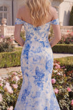 White Blue Flower Mermaid Long Off the Shoulder Prom Dress