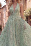 Dusty Sage Floral A Line Halter Chiffon Maxi Dress with Open Back