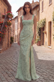 Dusty Sage Mermaid Floral Square Neck Long Prom Dress with Slit