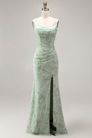 Dusty Sage Mermaid Square Neck Floral Pearl Long Bridesmaid Dress with Slit