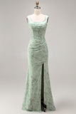 Dusty Sage Mermaid Square Neck Floral Pearl Long Bridesmaid Dress with Slit