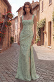 Dusty Sage Mermaid Floral Square Neck Long Prom Dress with Slit