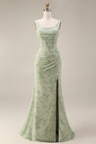 Dusty Sage Mermaid Floral Square Neck Long Prom Dress with Slit