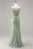 Dusty Sage Mermaid Square Neck Floral Pearl Long Bridesmaid Dress with Slit