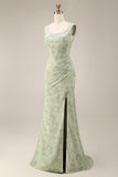 Dusty Sage Mermaid Floral Square Neck Long Prom Dress with Slit