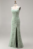 Dusty Sage Mermaid Square Neck Floral Pearl Long Bridesmaid Dress with Slit