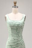 Dusty Sage Mermaid Square Neck Floral Pearl Long Bridesmaid Dress with Slit