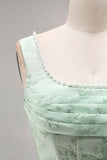 Dusty Sage Mermaid Square Neck Floral Pearl Long Bridesmaid Dress with Slit
