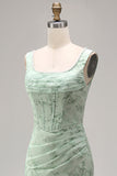 Dusty Sage Mermaid Square Neck Floral Pearl Long Bridesmaid Dress with Slit