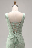 Dusty Sage Mermaid Square Neck Floral Pearl Long Bridesmaid Dress with Slit
