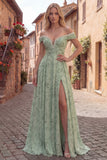 Dusty Sage Off the Shoulder Floral Long Prom Dress with Pearls