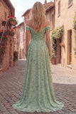 Dusty Sage Off the Shoulder Floral Long Prom Dress with Pearls