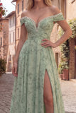 Dusty Sage Off the Shoulder Floral Long Prom Dress with Pearls
