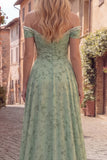 Dusty Sage Off the Shoulder Floral Long Prom Dress with Pearls