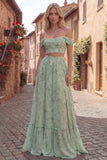 Dusty Sage 2 Piece Floral A Line Long Prom Dress with Slit