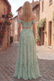 Dusty Sage 2 Piece Floral A Line Long Prom Dress with Slit