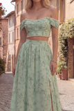 Dusty Sage 2 Piece Floral A Line Long Prom Dress with Slit