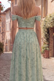 Dusty Sage 2 Piece Floral A Line Long Prom Dress with Slit