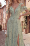 Dusty Sage Floral Cold Shoulder Ruffles Chiffon Maxi Dress with Slit