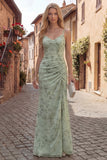 Dusty Sage Floral Mermaid Long Ruched Chiffon Maxi Dress with Slit