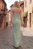 Dusty Sage Floral Mermaid Long Ruched Chiffon Maxi Dress with Slit