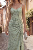 Dusty Sage Floral Mermaid Long Ruched Chiffon Maxi Dress with Slit
