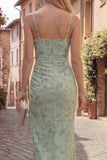 Dusty Sage Floral Mermaid Long Ruched Chiffon Maxi Dress with Slit