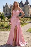 Pink Mermaid Sheer Corset Off The Shoulder Long Prom Dress with Slit