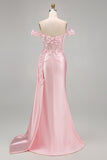 Pink Mermaid Sheer Corset Off The Shoulder Long Prom Dress with Slit