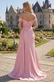 Pink Mermaid Sheer Corset Off The Shoulder Long Prom Dress with Slit