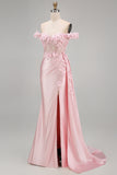 Pink Mermaid Sheer Corset Off The Shoulder Long Prom Dress with Slit