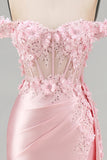 Pink Mermaid Sheer Corset Off The Shoulder Long Prom Dress with Slit
