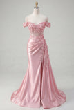 Pink Mermaid Sheer Corset Off The Shoulder Long Prom Dress with Slit