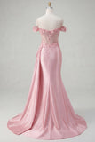 Pink Mermaid Sheer Corset Off The Shoulder Long Prom Dress with Slit