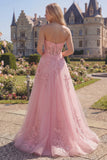 Sweetheart Pink Corset A-Line Long Prom Dress with Appliques