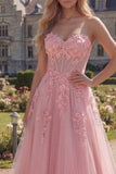 Sweetheart Pink Corset A-Line Long Prom Dress with Appliques