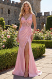 Floral Pink V-Neck Ruched Mermaid Corset Long Prom Dress with Slit