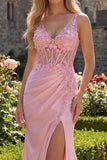 Pink Sheer Corset Mermaid 3D Flowers Long Prom Dress with Side Slit