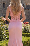 Floral Pink V-Neck Ruched Mermaid Corset Long Prom Dress with Slit