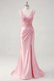 Pink Sheer Corset Mermaid 3D Flowers Long Prom Dress with Side Slit