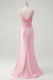 Pink Sheer Corset Mermaid 3D Flowers Long Prom Dress with Side Slit