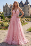 Pink A-Line V-Neck Corset Long Tulle Prom Dress