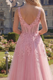 Pink A-Line V-Neck Corset Long Tulle Prom Dress