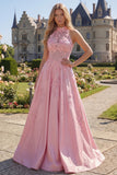 Halter Pink Corset A-Line Open Back Long Prom Dress with Bow
