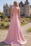 Halter Pink Corset A-Line Open Back Long Prom Dress with Bow