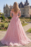 Off The Shoulder Pink A-Line Long Corset Prom Dress with 3D Flowers