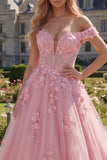 Off The Shoulder Pink A-Line Long Corset Prom Dress with 3D Flowers