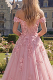 Off The Shoulder Pink A-Line Long Corset Prom Dress with 3D Flowers